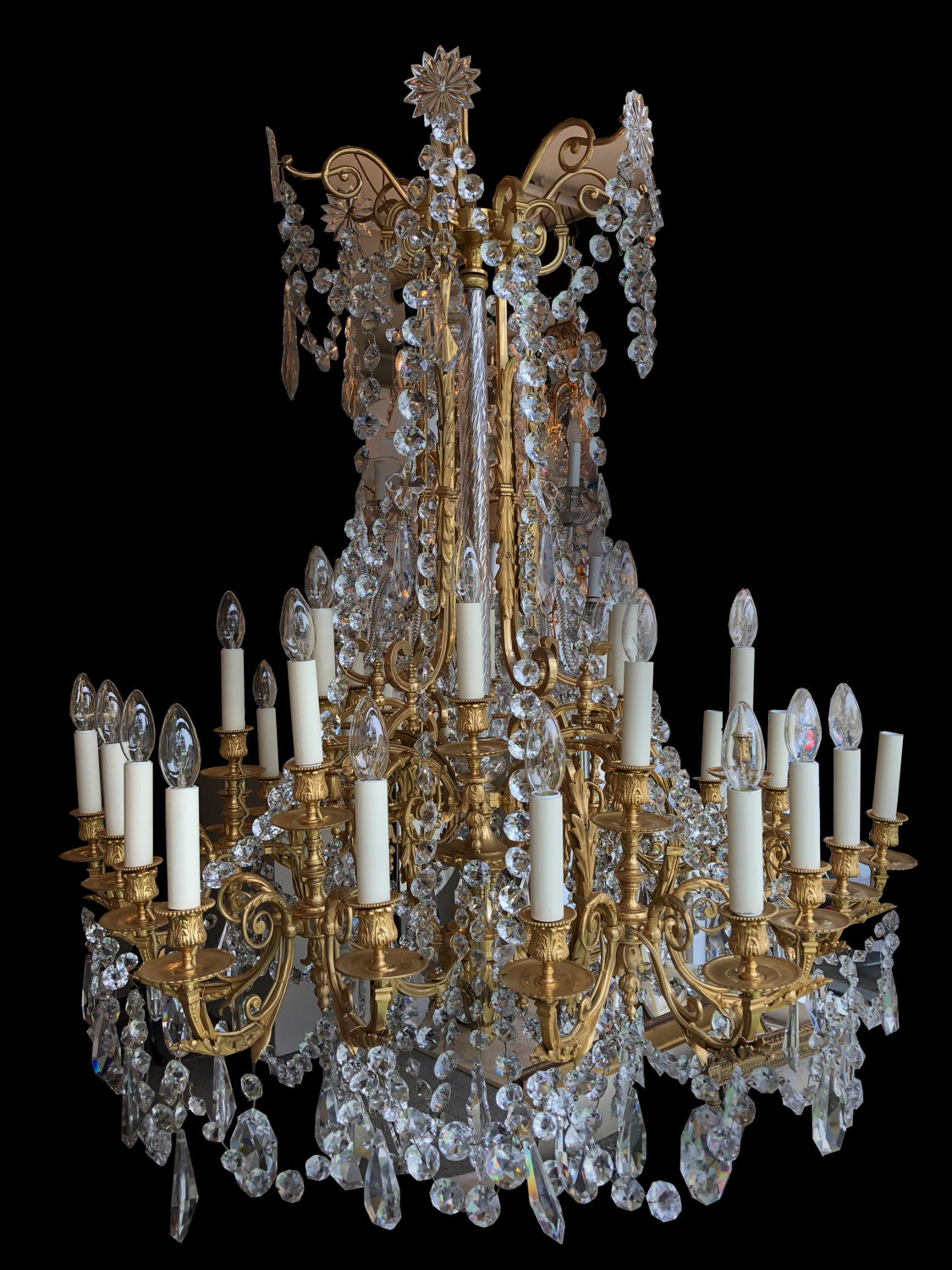 A large, eighteen light ormolu chandelier