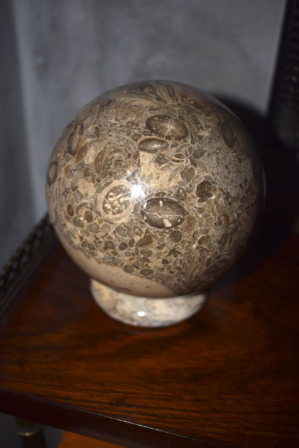 A limestone ball and stand with fossils