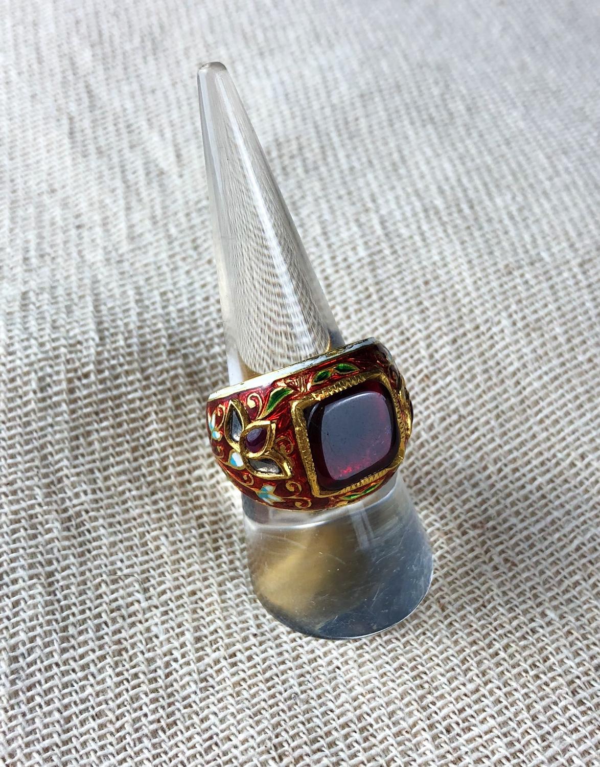 A Mughal Enamel Ring With Spinel