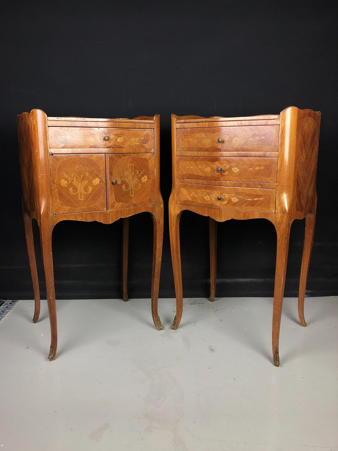 A matched pair of marquetry bedside cabinets