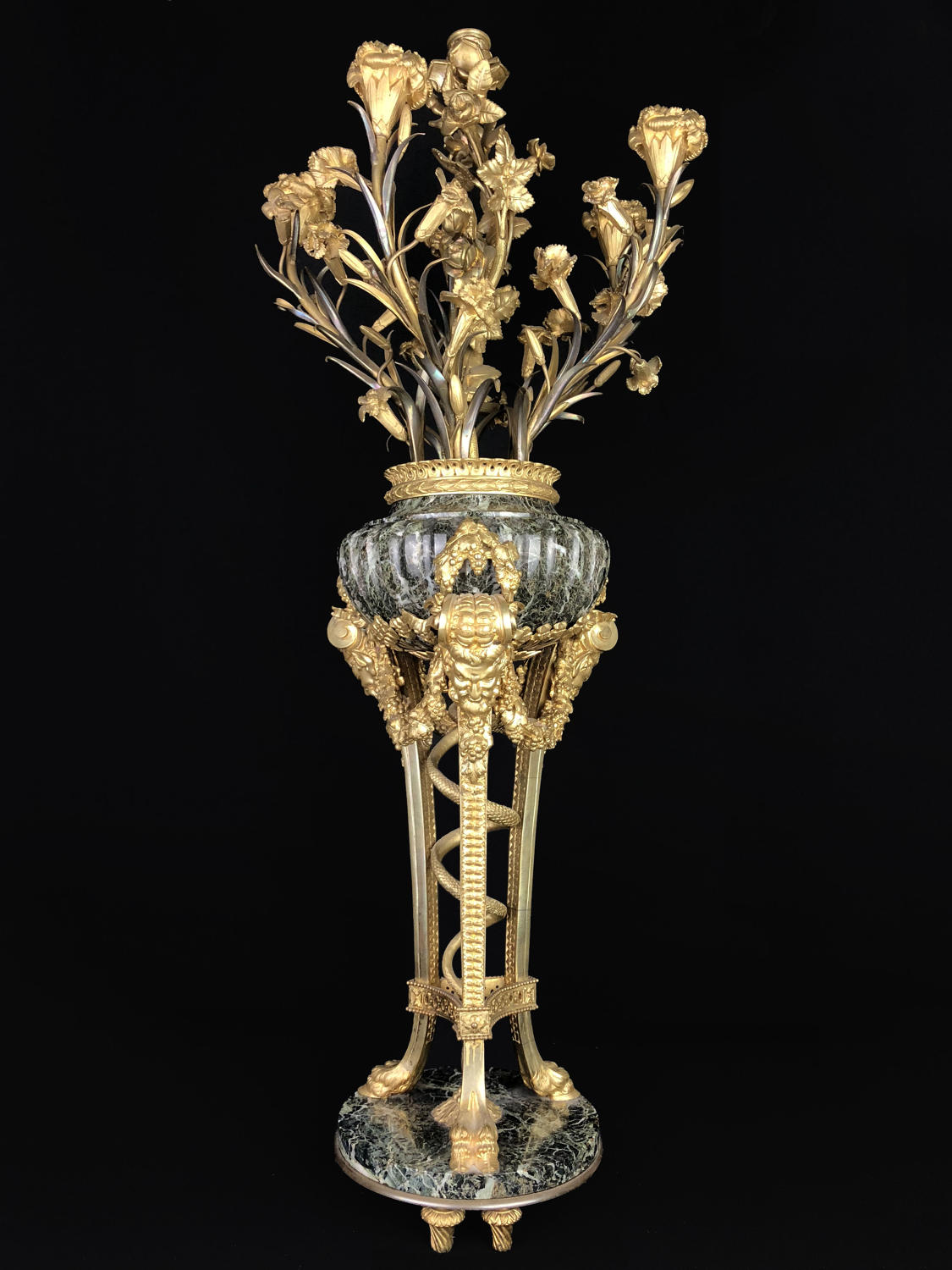 A Louis XVI style Ormolu and Verde marble candelabra