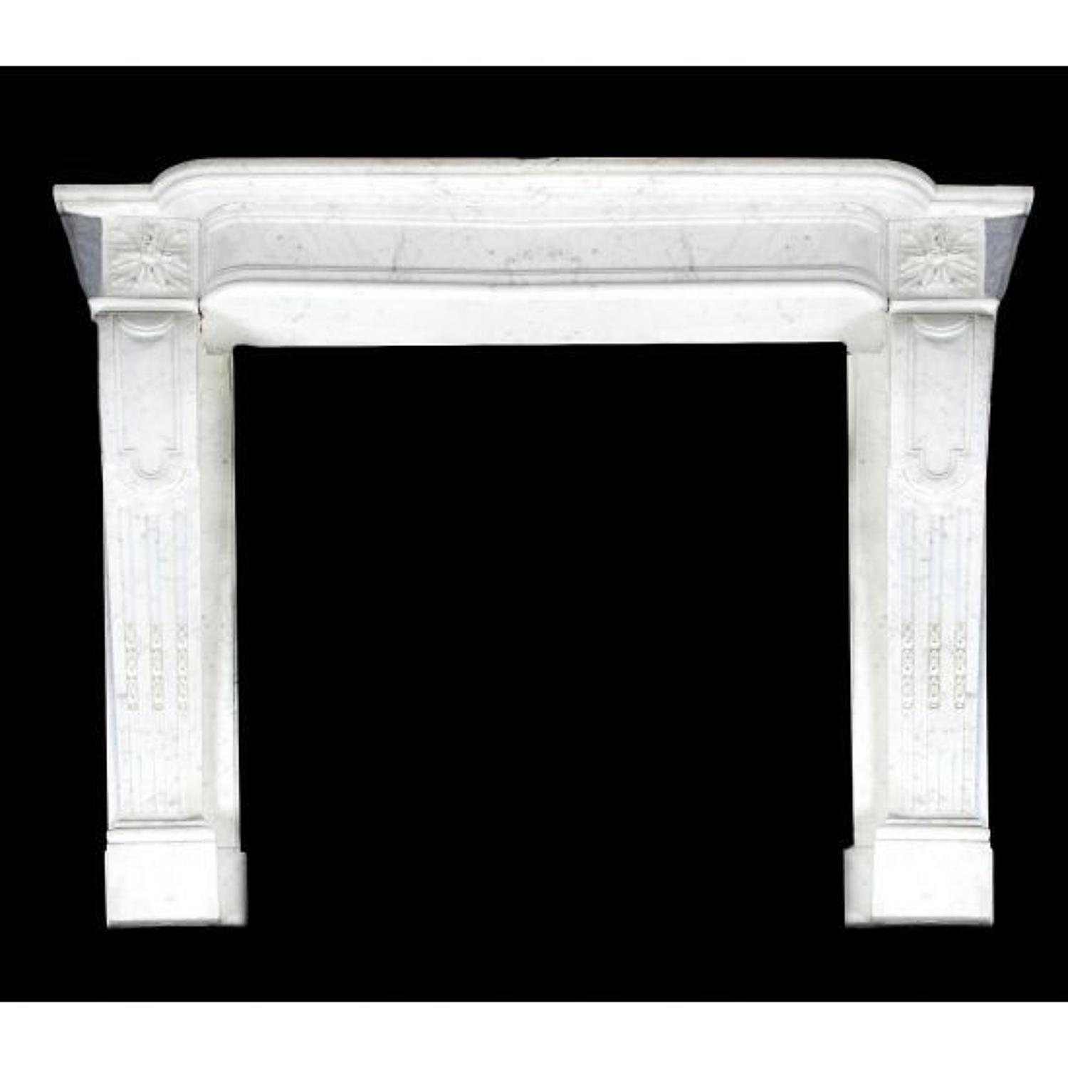 A variegated white marble chimneypiece