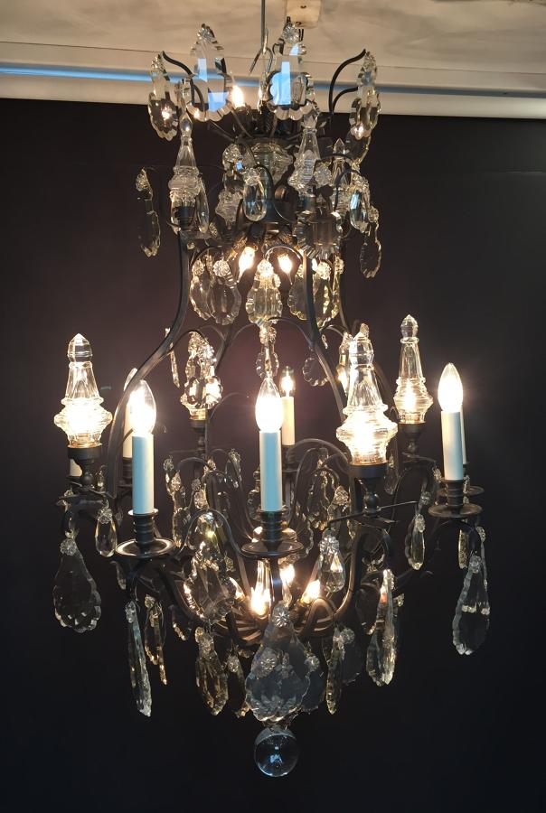 A bronze and crystal chandelier