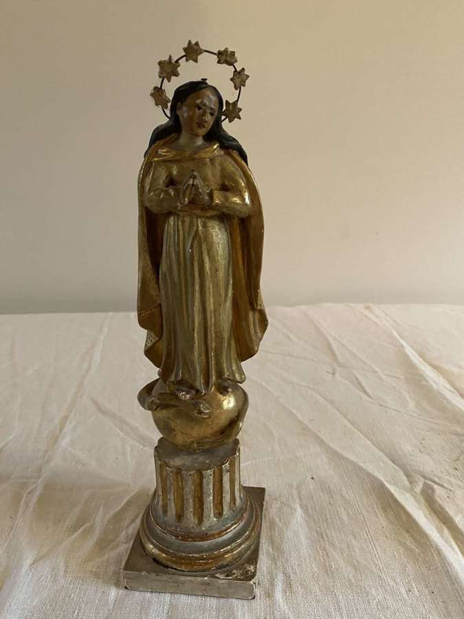 Virgin Mary small wood and gold beautifully carved French Virgin Mary