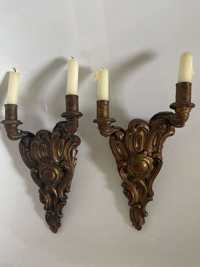 A pair of carved wood 18th century style  Italian rococo wall lights