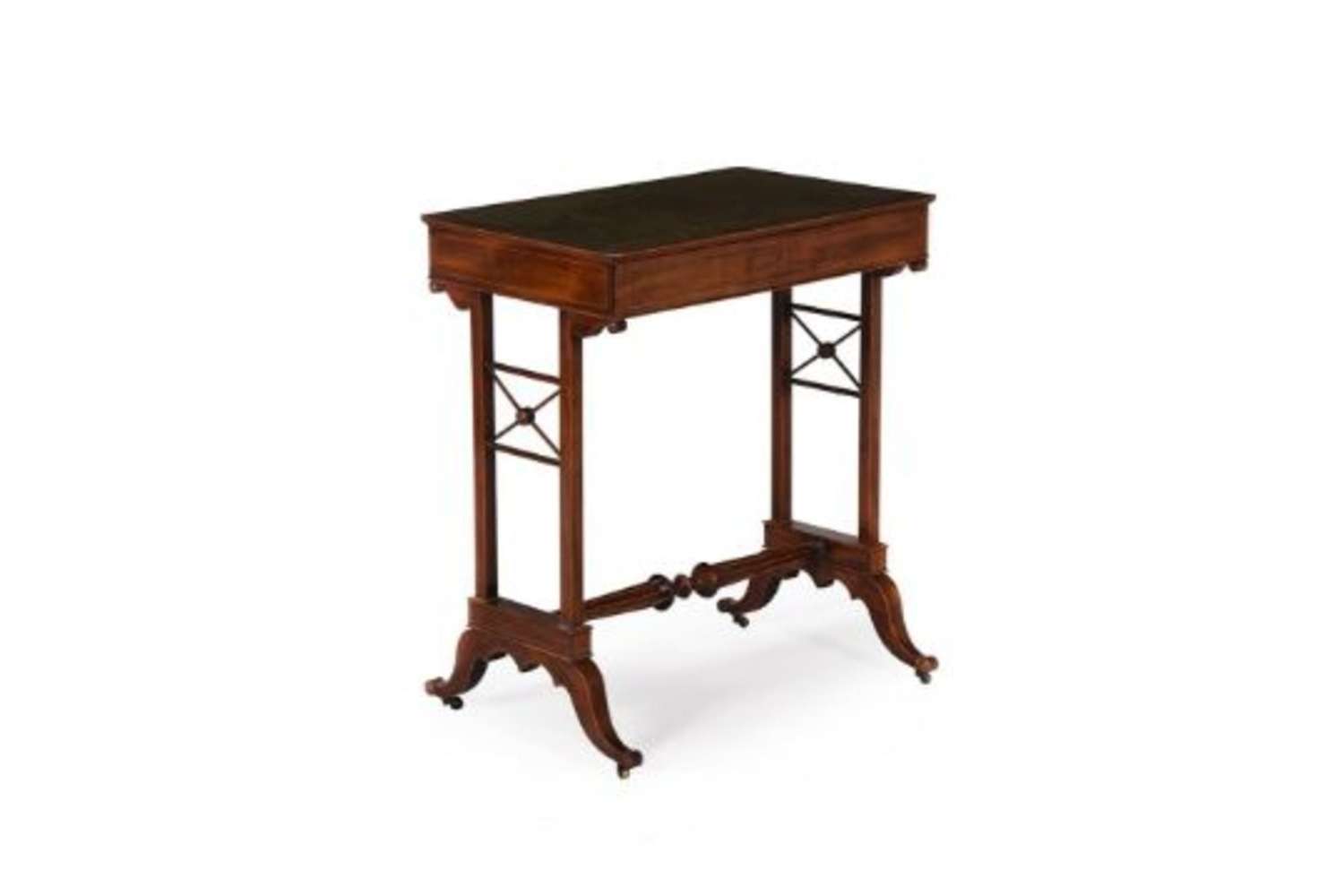 A GEORGE III MAHOGANY AND BOXWOOD STRUNG WRITING TABLE
